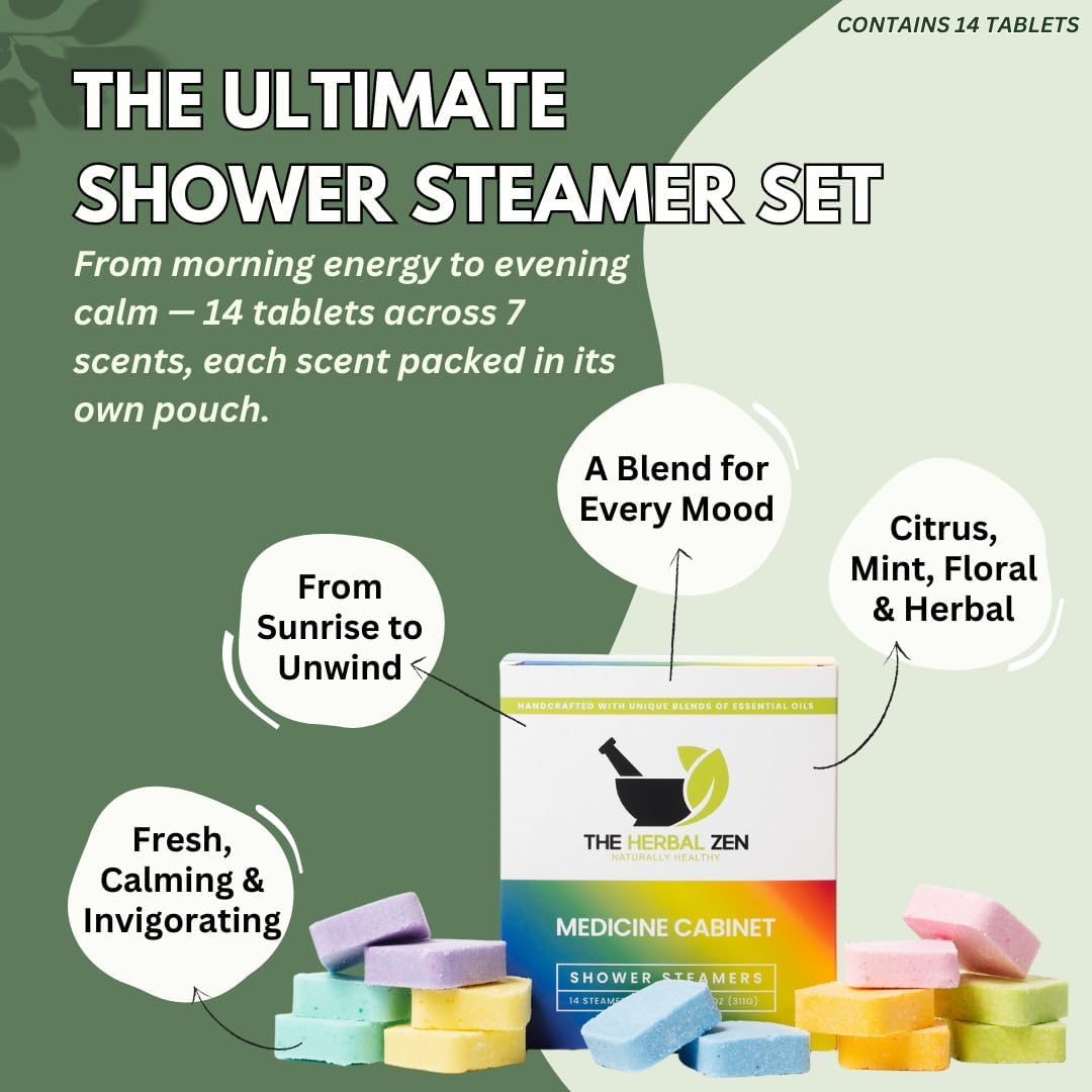 The Herbal Zen Shower Steamers Aromatherapy Tablets 14 Pack - 7 Pure Essential Oil Blends for Daily Relaxation and Wellness - Shower Bombs Gift Set for Women and Men