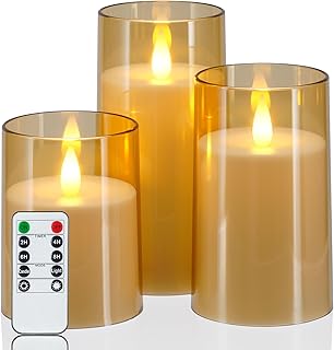 Homemory Realistic Flickering Flameless Candles, Battery Operated Candles with Remote Control and Timer, LED Fake Electric Candle for Home, Christmas Decoration, Gold, Set of 3