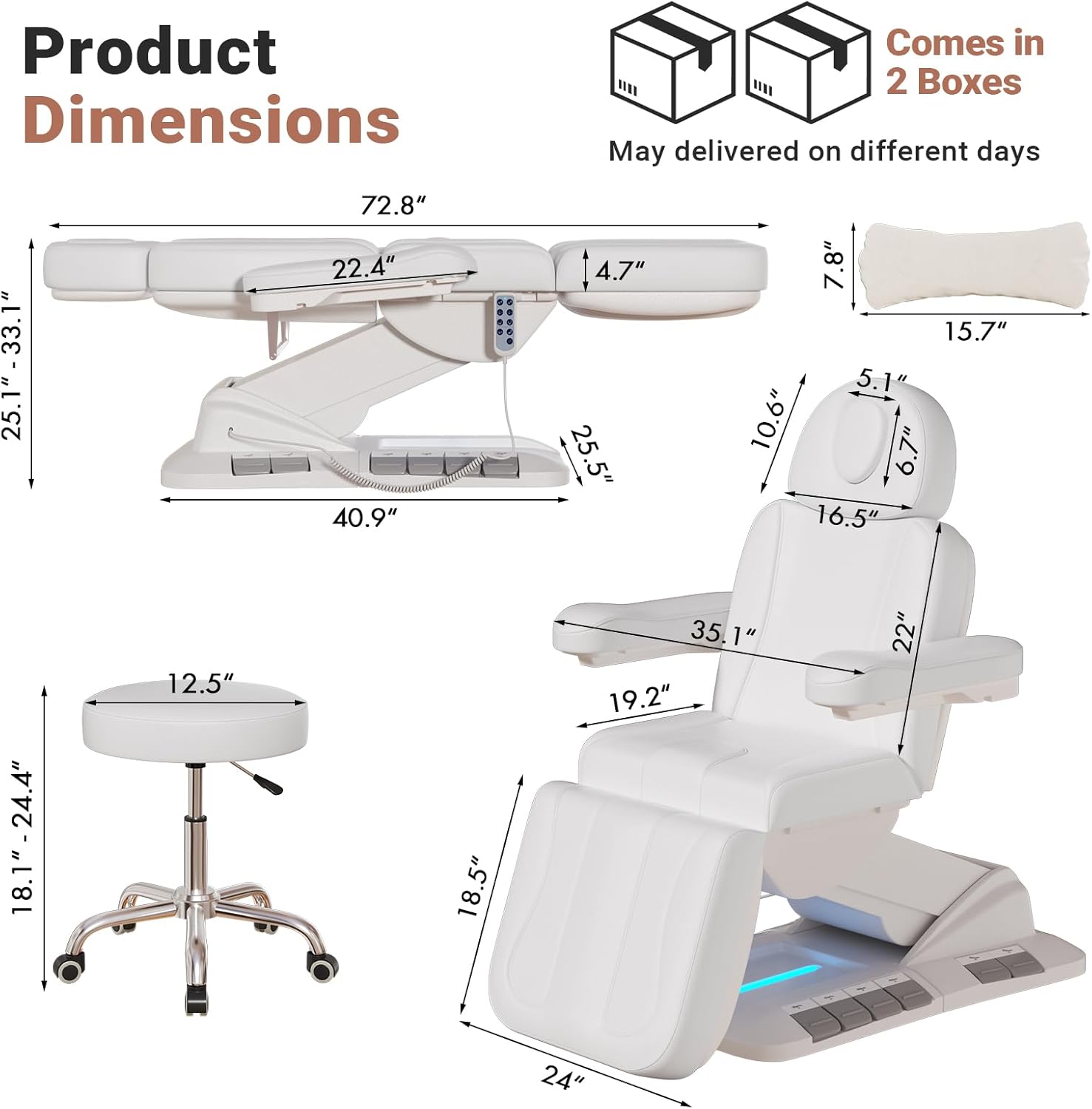 Fully Electric Massage Table, 3 Motor Adjustable Electric Esthetician Bed w/Dual-Side Foot Pedals, Handheld Remote & LED Light for Beauty Tattoo Spa Medical Treatment, Stool Included, White