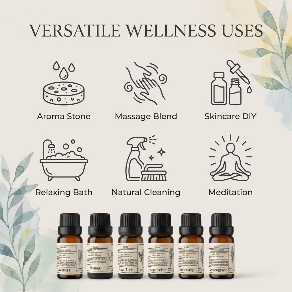Natural Essential Oils Set - Pure Scents for Wellness: Lavender, Peppermint, Rosemary, Lemongrass, Orange, Tea Tree - 10ml Each