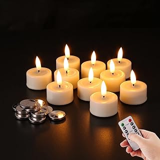 Eywamage Ivory Flameless Wax Tealights with Remote Batteries, Realistic Flickering LED Tea Votive Candles Set of 10