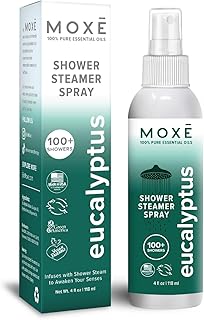 MOXĒ Eucalyptus Oil Shower Mist, Spa Steam Spray, Certified Natural 100% Essential Oils, Made in USA, Aromatherapy, Sinus Congestion Relief, Tension Relief, 4 Ounces