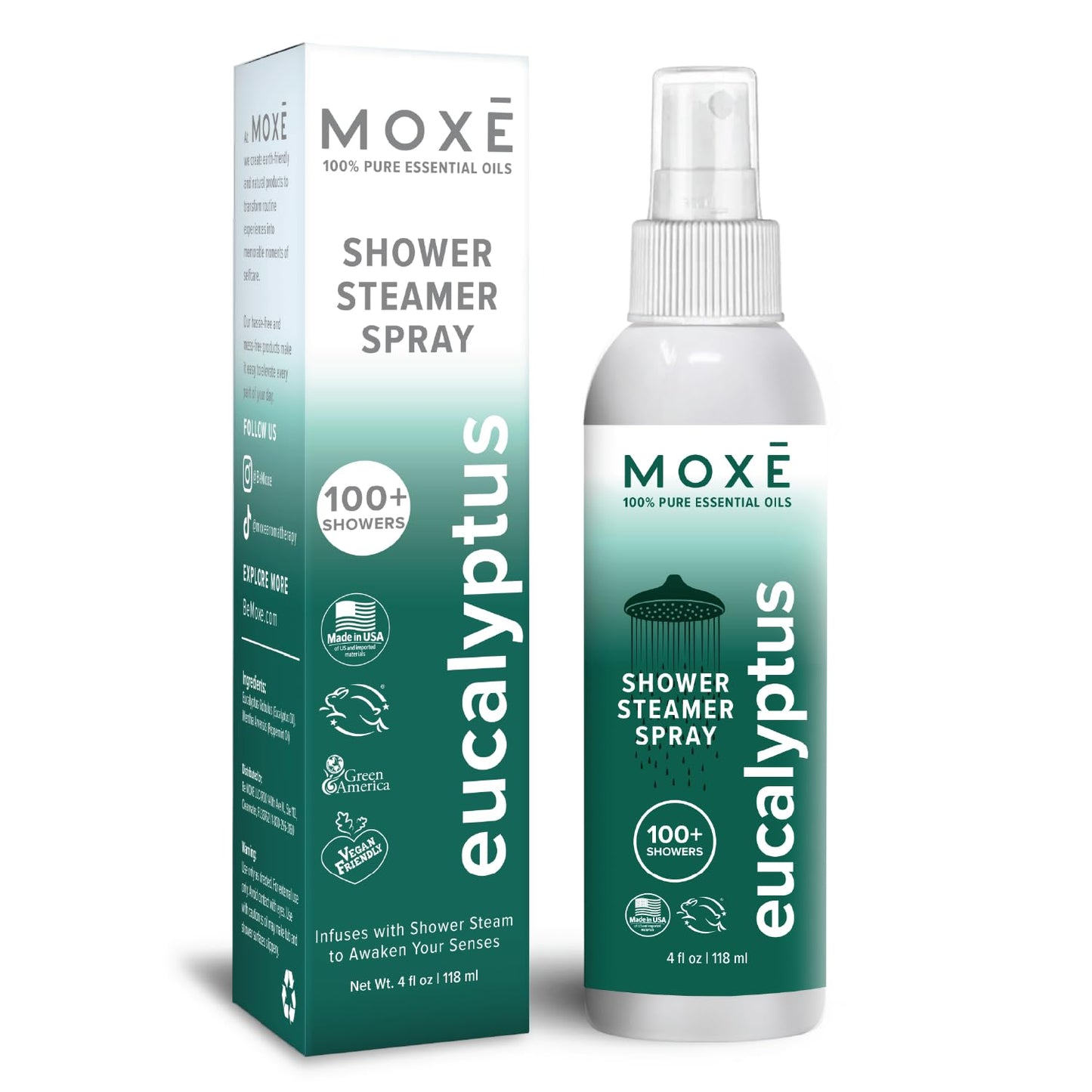 MOXĒ Eucalyptus Oil Shower Mist, Spa Steam Spray, Certified Natural 100% Essential Oils, Made in USA, Aromatherapy, Sinus Congestion Relief, Tension Relief, 4 Ounces