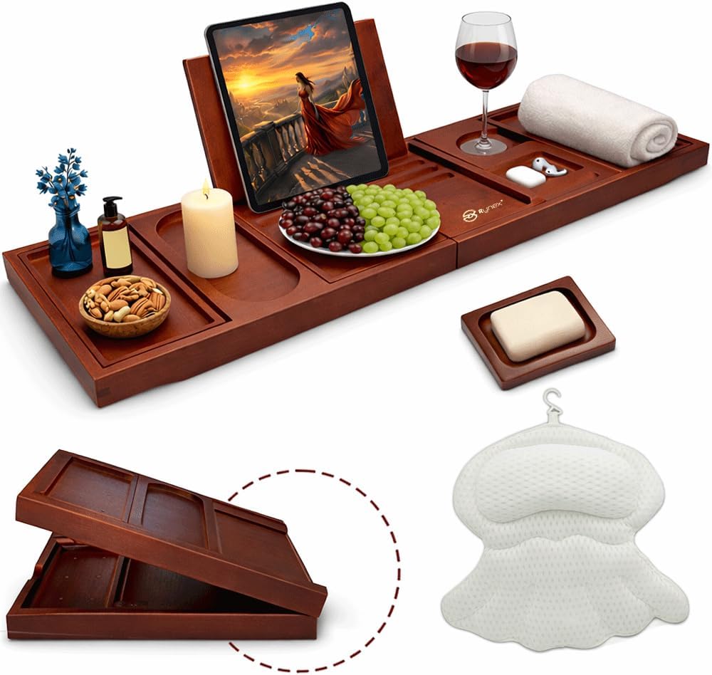 Bathtub Tray and Bath Pillows for Tub – Expandable Bamboo Bathtub Caddy with Phone & Wine Holder, Soft Bath Pillows for Tub & Head/Neck Support