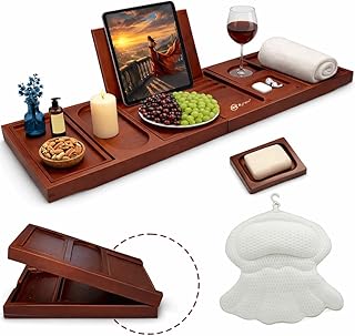 Bathtub Tray and Bath Pillows for Tub – Expandable Bamboo Bathtub Caddy with Phone & Wine Holder, Soft Bath Pillows for Tub & Head/Neck Support