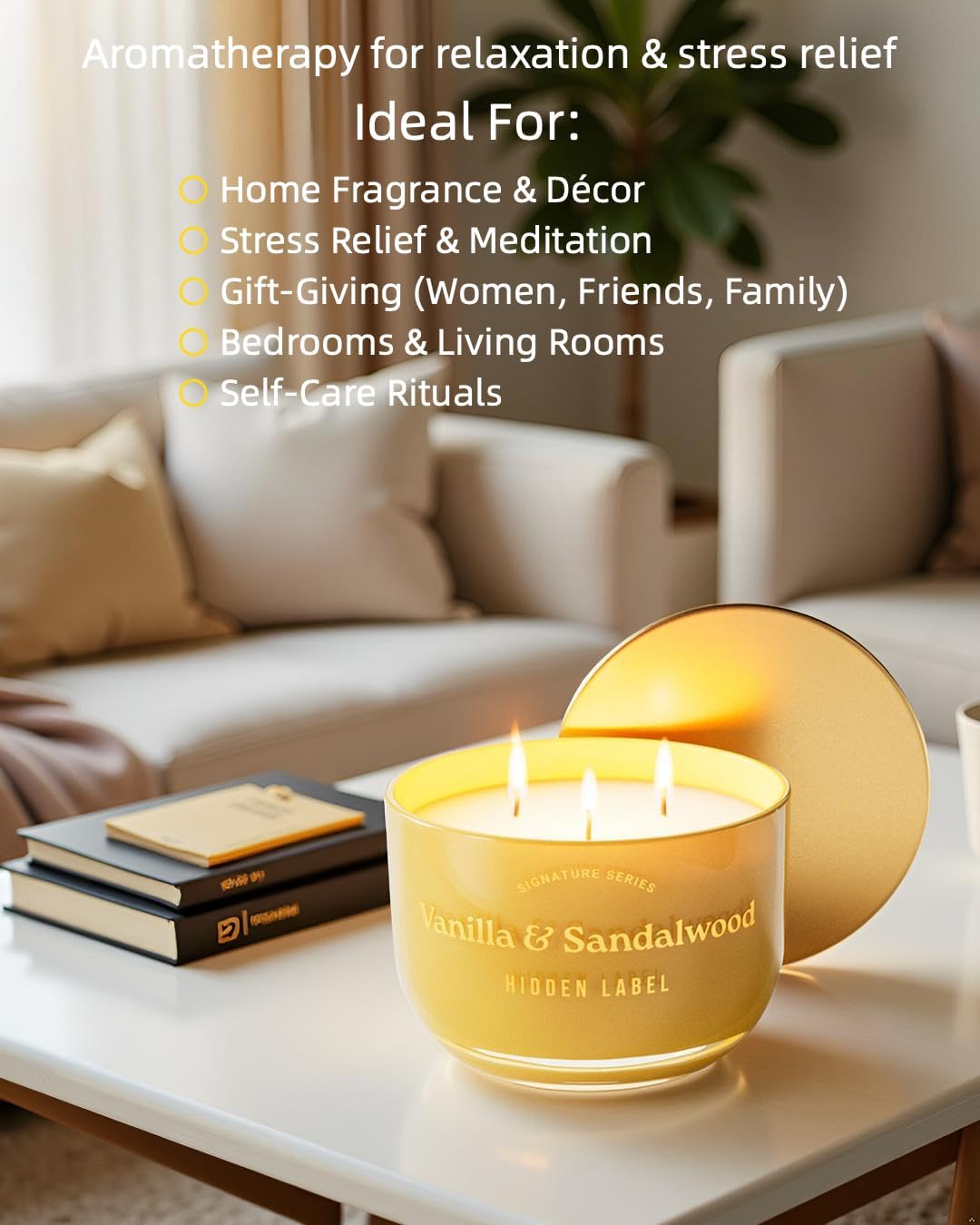 Hidden Label Vanilla Sandalwood Scented Candle, 18oz Large 3 Wick Natural Soy Wax Candle, 70 Hours Burn Time Non Toxic Aromatherapy Candle for Home, Luxury Home Décor & Gift for Women
