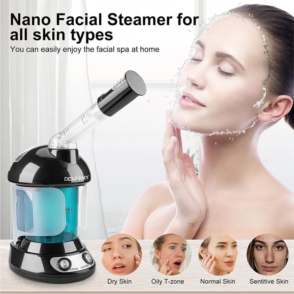 Facial Steamer - DENFANY Nano Ionic Face Steamer with Extendable 360° Rotating Arm - Portable Facial Steamer for Personal Care at Home or Salo （Black）