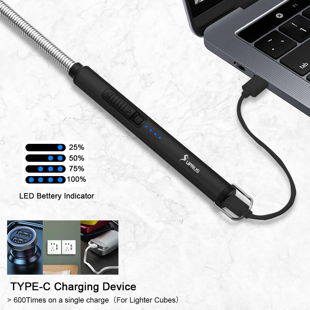 SUPRUS Electric Candle Lighter USB Type C Rechargeable Lighter Steel Shell & Hanging Hook with 360° Flexible Neck (Black)