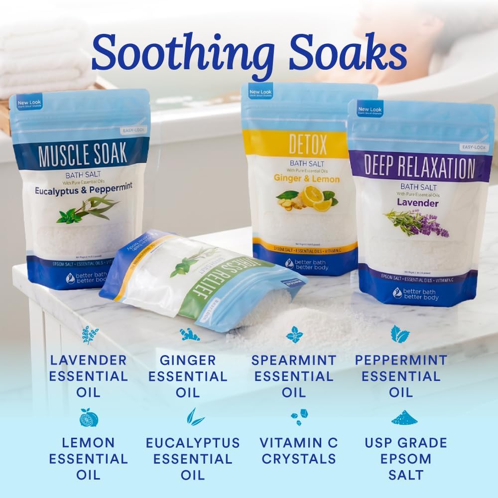 Bath Salts Sampler (4-Pack of 2-lbs) Variety Bath Soaks with Bamboo Scoop