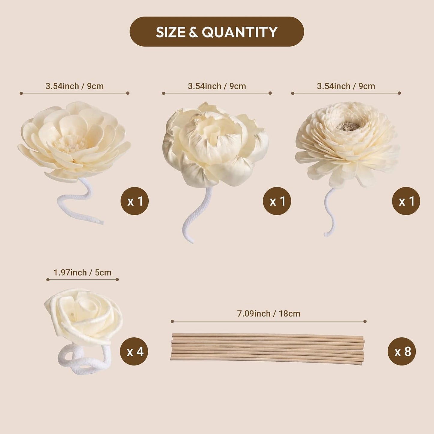 Flower Reed Diffuser Sticks Set, 7 Pcs Assorted White Handmade Sola Wood Flowers for Home Fragrance, Bathroom Aromatherapy & Decoration