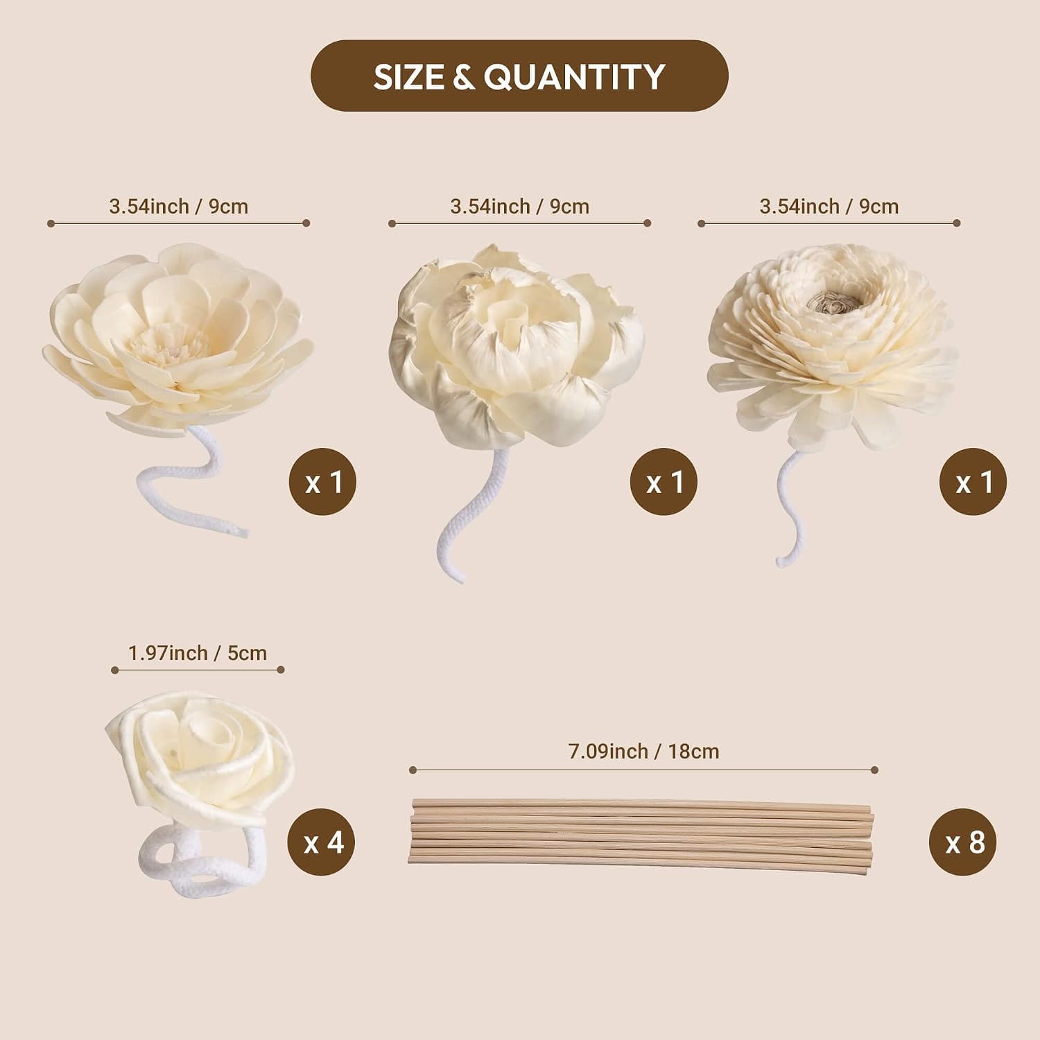 Flower Reed Diffuser Sticks Set, 7 Pcs Assorted White Handmade Sola Wood Flowers for Home Fragrance, Bathroom Aromatherapy & Decoration