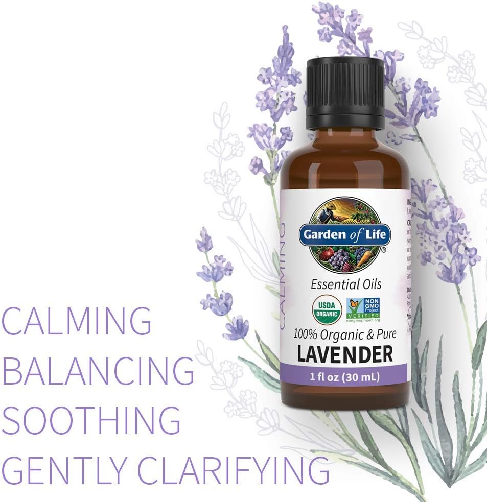 Garden of Life Essential Oil, Lavender 1 fl oz (30 mL), 100% USDA Organic & Pure, Clean, Undiluted & Non-GMO - for Diffuser, Aromatherapy, Meditation, Skincare, Sleep - Calming, Relaxing, Soothing