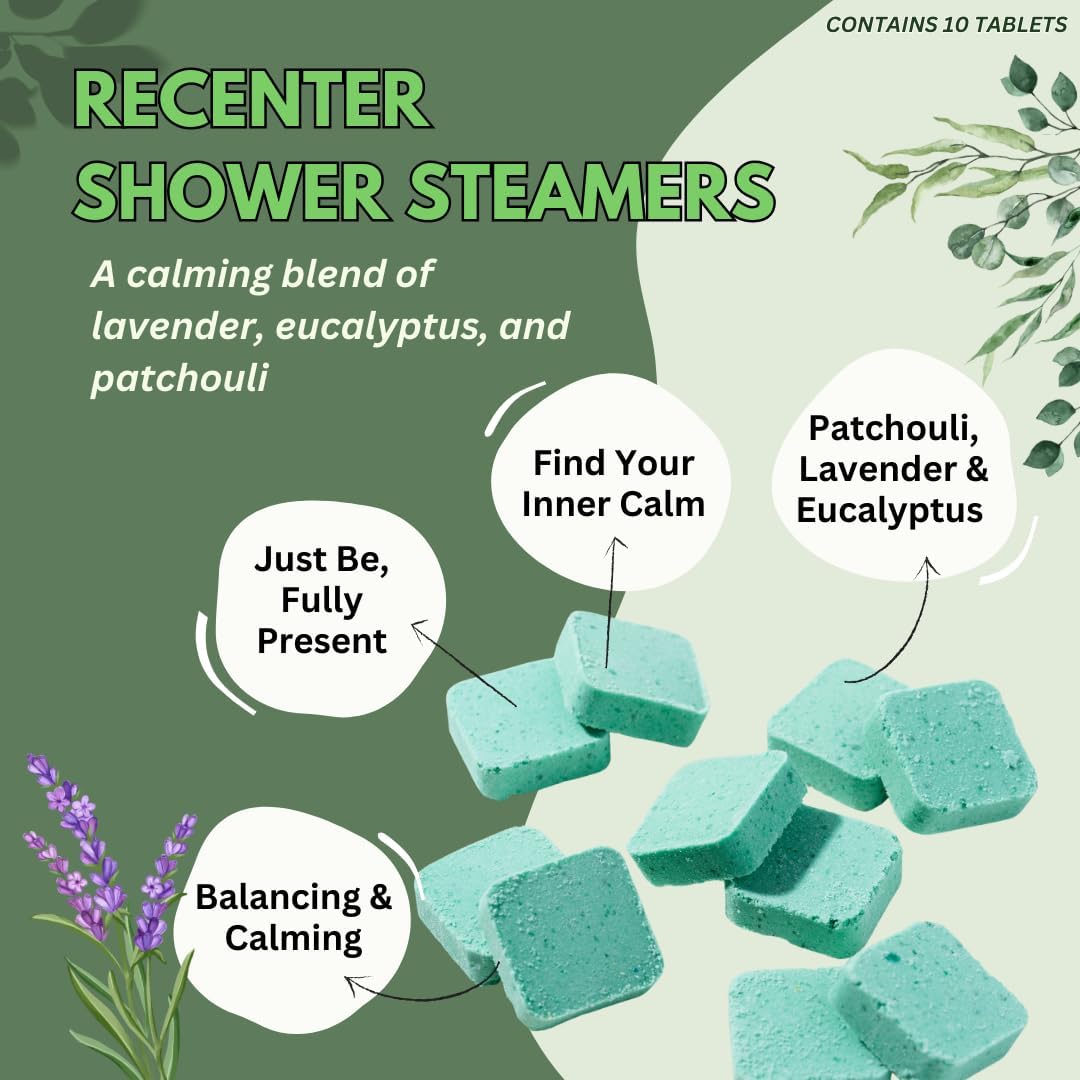 Recenter Shower Steamers Aromatherapy for Relaxing - USA Made Mothers Day Gift for Her - Lavender & Eucalyptus Shower Bomb Tablets – Soothing Natural Essential Oils (10 Pack)