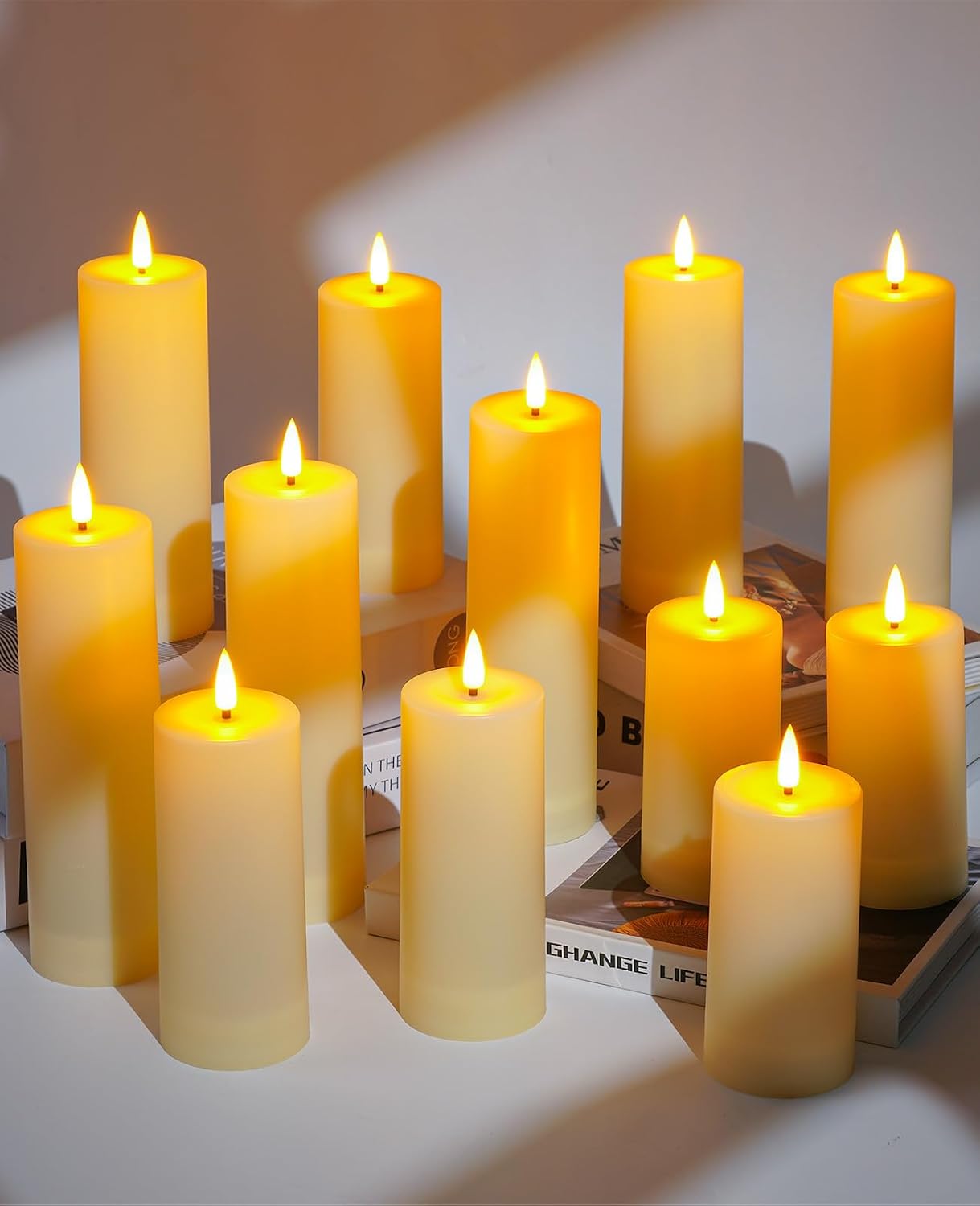 12 Pack Outdoor Waterproof Battery Operated Fake flameless LED Candles Set with Remote Control Timer, Warm White Decorative Candles for Patio Garden Wedding Table Centerpiece Home Decor