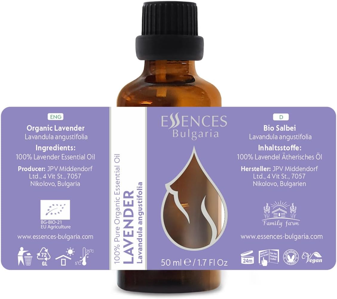 Essences Bulgaria Organic Lavender Essential Oil 1,7 Fl Oz | 50ml | Lavandula angustifolia | 100% Pure and Natural | Undiluted | Therapeutic Grade | Family Owned Farm | Steam-Distilled | Non-GMO