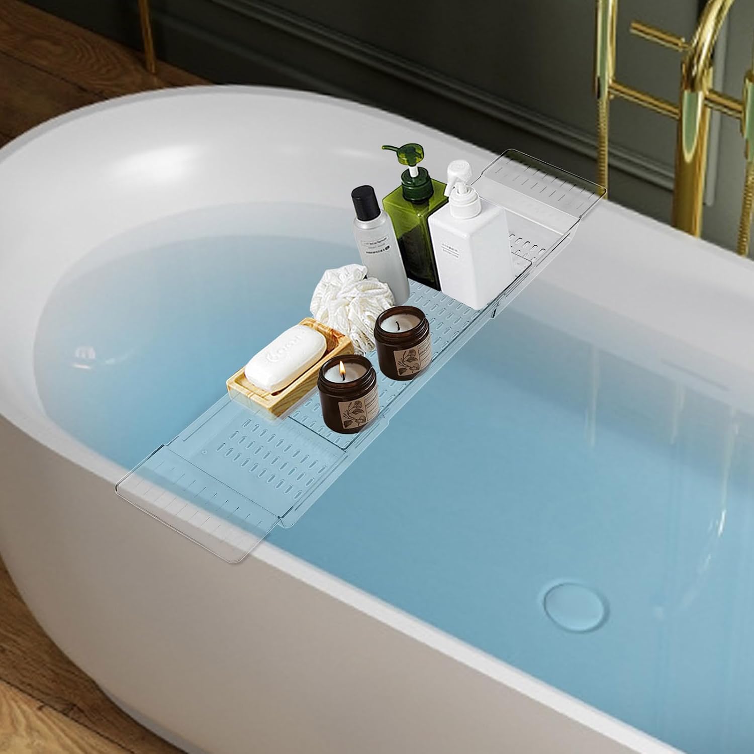 Expandable Clear Bathtub Tray, 24–32 in Slide-Out Flat Bath Shelf, Plastic Waterproof Spa Caddy for Tub & Shower, No-Slip Side Grips, Book Phone Wine Rest, Lightweight Easy-Wipe Storage Board