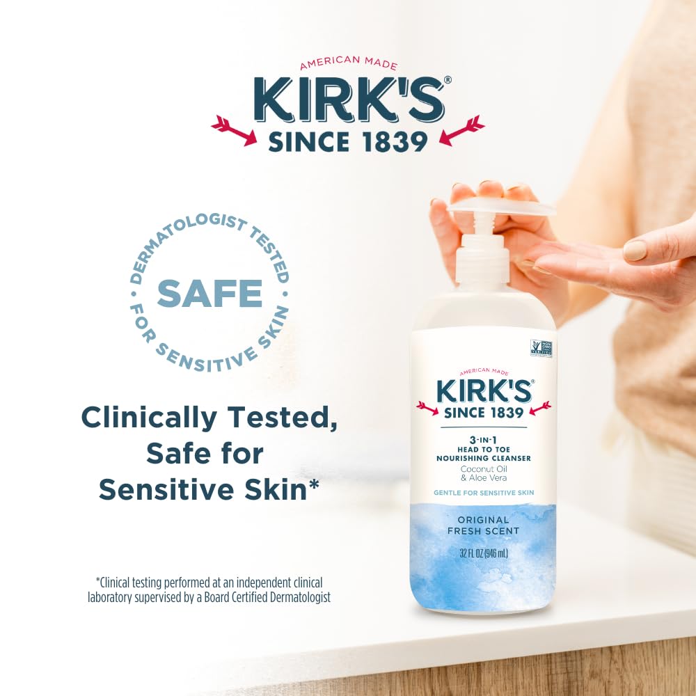 Kirk's Original Fresh 3-in-1 Nourishing Cleanser, Shampoo Body Wash Bubble Bath, Coconut Oil and Aloe Vera, Vegan Non-GMO, 32 Fl Oz, Pack of 2