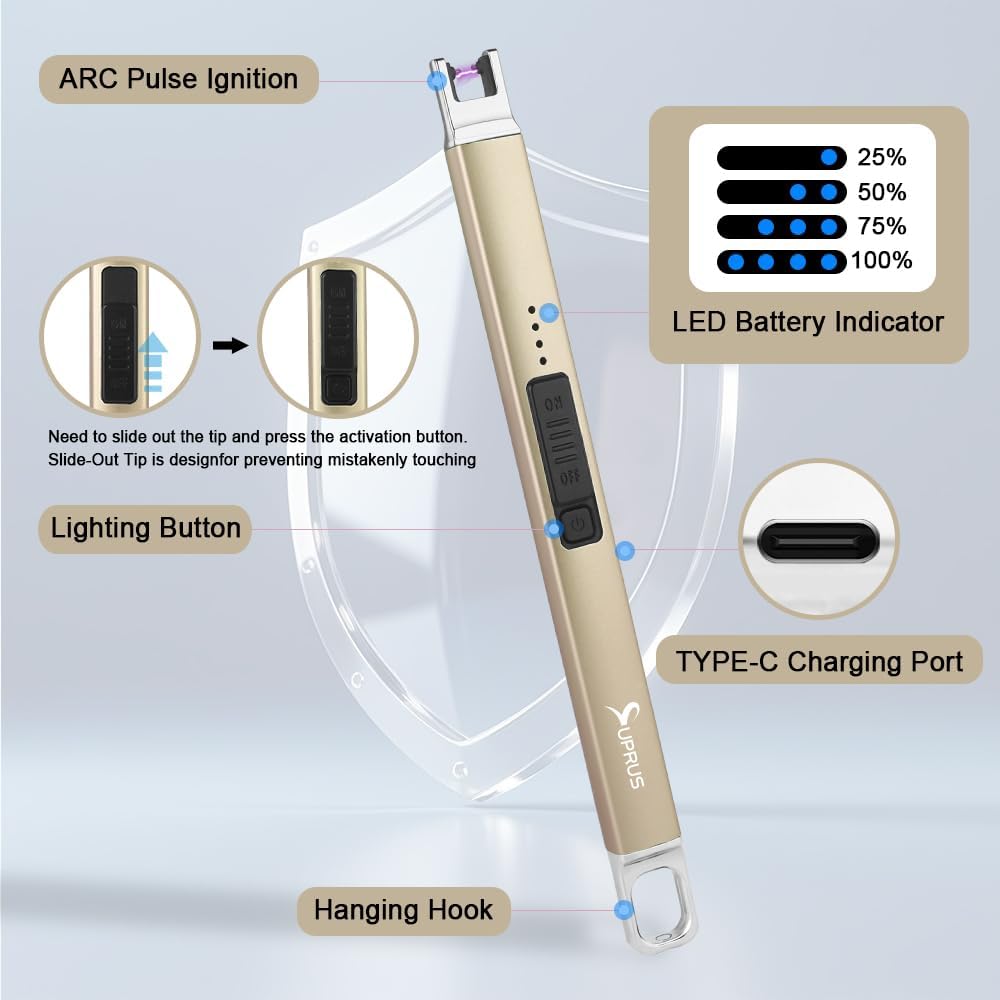 SUPRUS Electric Candle Lighter USB Type C Rechargeable Lighter Steel Shell & Hanging Hook with 360° Flexible Neck