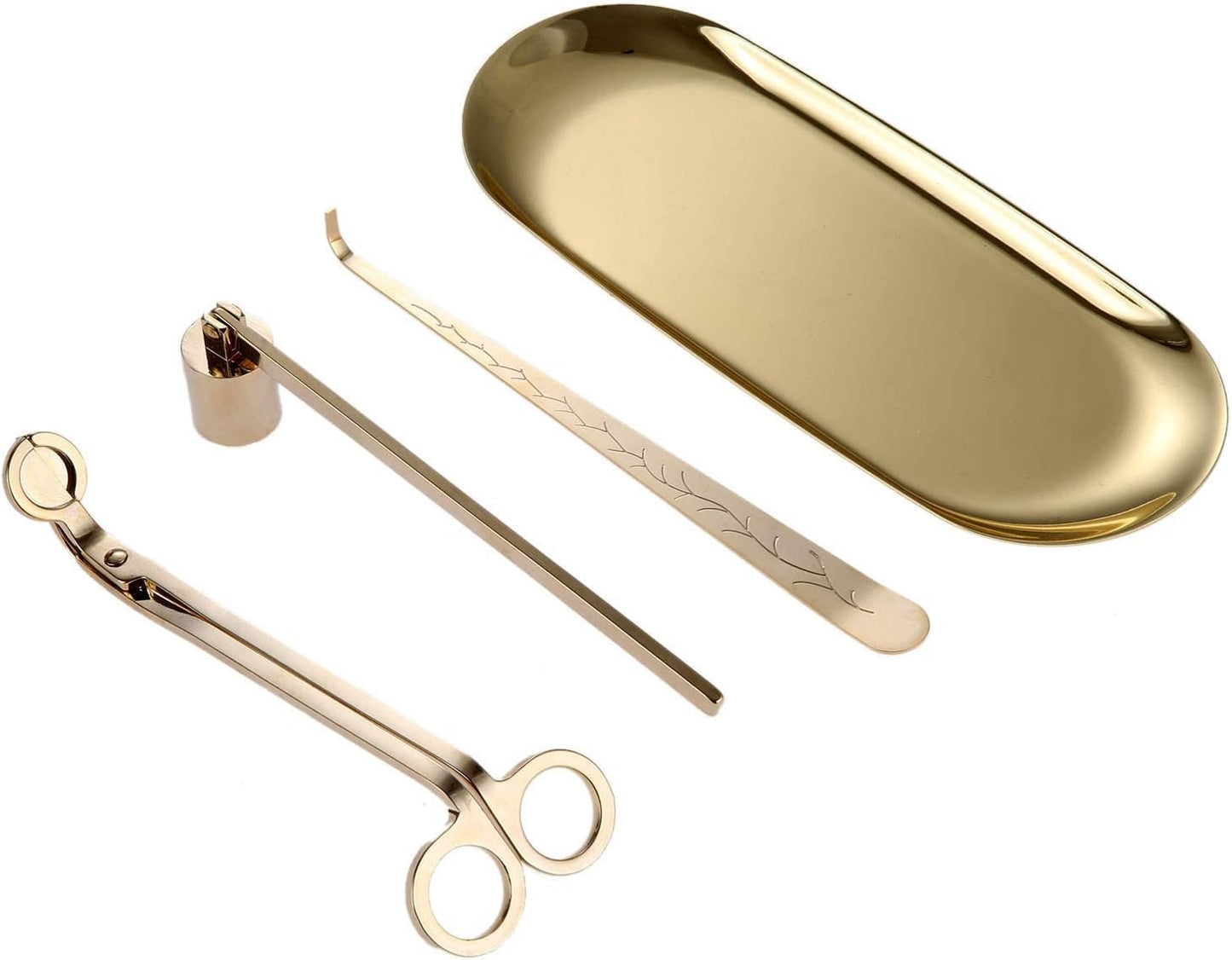 MUXSAM 4 in 1 Candle Accessory Set - Wick Trimmer, Dipper, Snuffer, Storage Tray Plate, Candle Care Tools Gift for Lovers of Home Decoration (Gold)