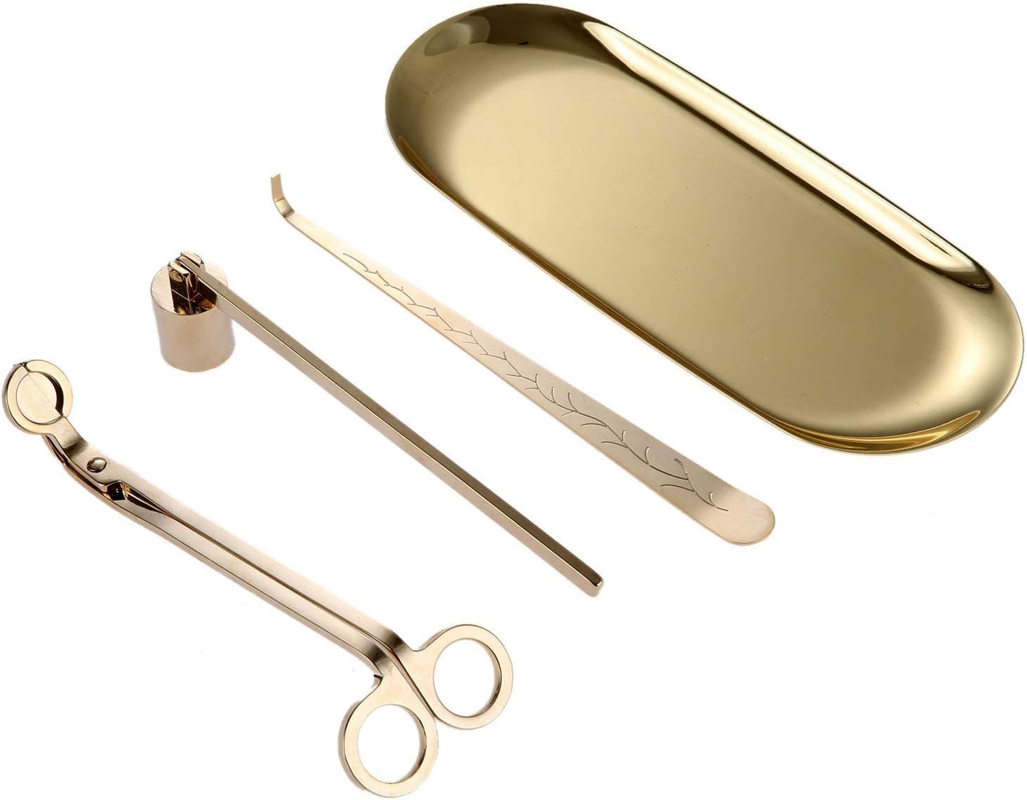 MUXSAM 4 in 1 Candle Accessory Set - Wick Trimmer, Dipper, Snuffer, Storage Tray Plate, Candle Care Tools Gift for Lovers of Home Decoration (Gold)