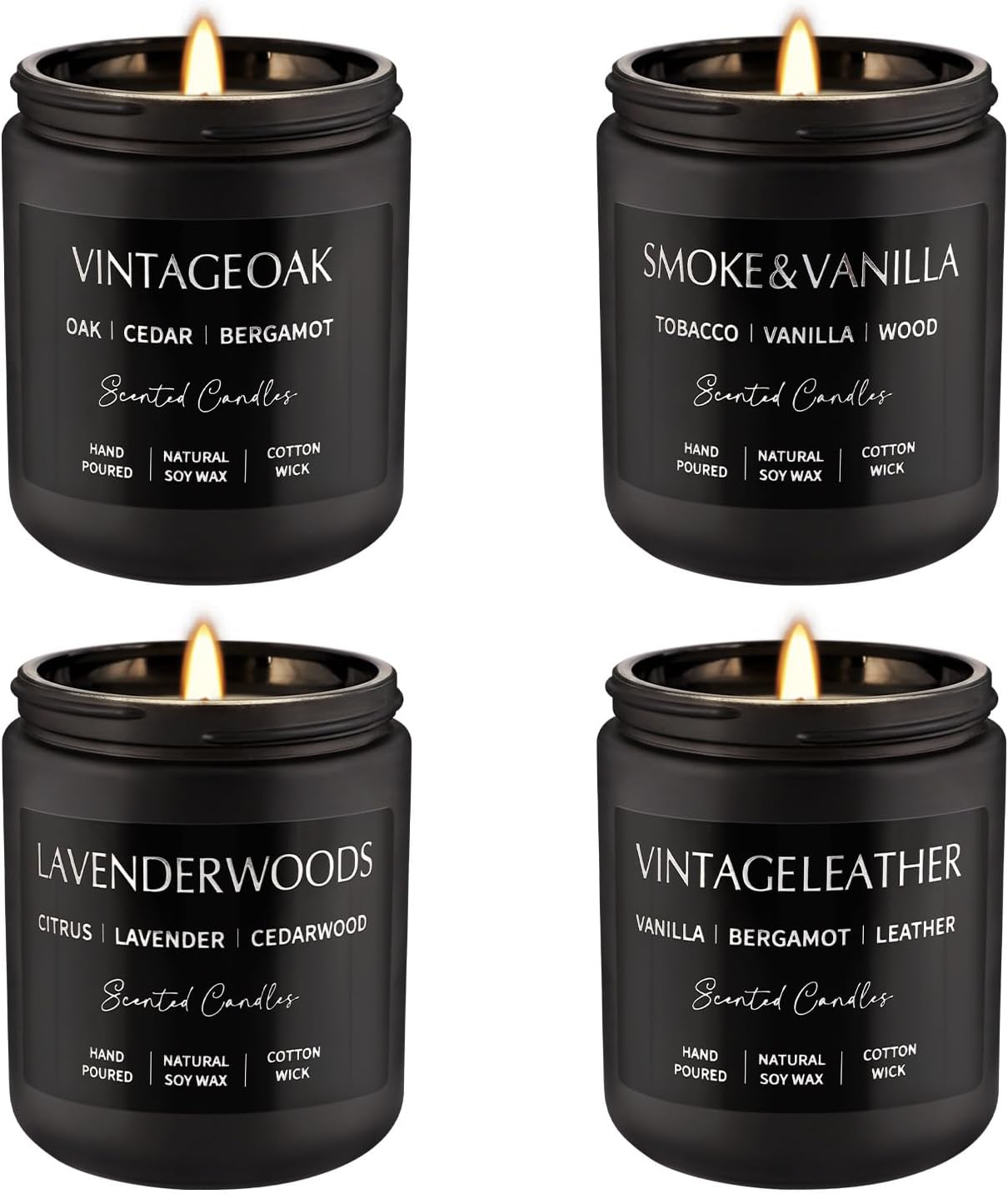 WPONSZU 4Psc Scented Candles Set,7oz Gifts for Men Aromatherapy,Soy Candle of Smokeless - Leather & Smoke, Vanilla Oakmoss, Lavender - Relaxing Fragrance for Home, Office, Yoga(Black)