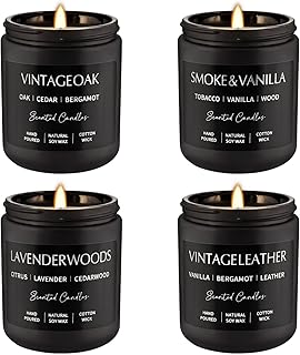 WPONSZU 4Psc Scented Candles Set,7oz Gifts for Men Aromatherapy,Soy Candle of Smokeless - Leather & Smoke, Vanilla Oakmoss, Lavender - Relaxing Fragrance for Home, Office, Yoga(Black)