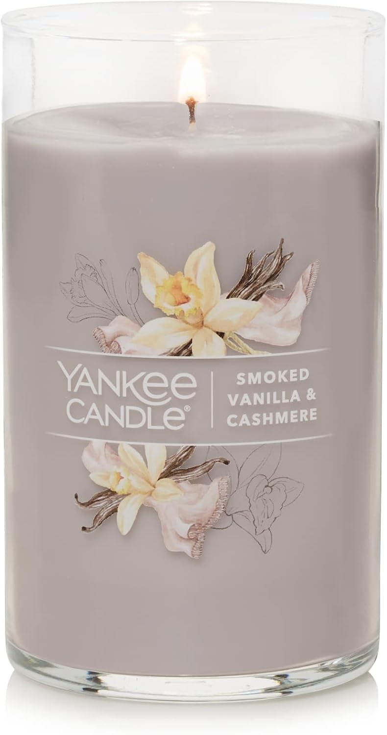 Yankee Candle Signature Medium Pillar Candle, Smoked Vanilla & Cashmere, Light Gray, Metal Lid, Premium Plant Wax Blend, Two Natural Fiber Wicks, Up to 115 Hours Burn Time
