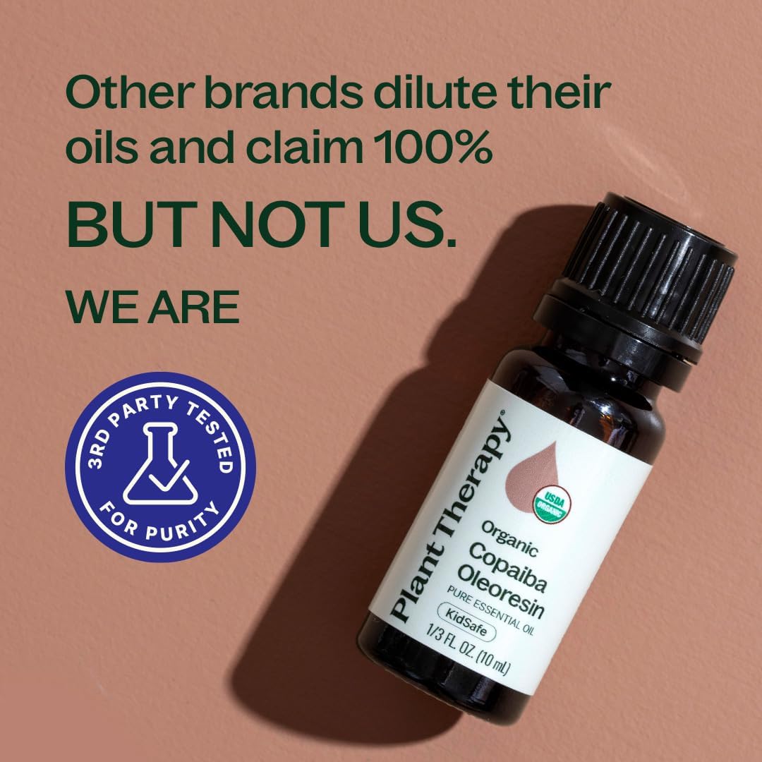 Plant Therapy Organic Copaiba Essential Oil (Oleoresin), 10 mL (1/3 oz), 100% Pure, USDA Certified Organic, Undiluted, Aromatherapy for Diffuser & Skincare