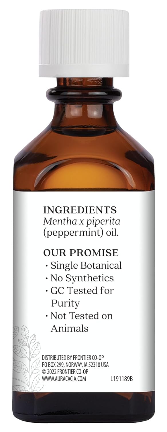 Aura Cacia Peppermint Essential Oil, 2-Ounce, Cools Skin, Fresh Minty Aroma, No Synthetic Fragrances, Color or Preservatives