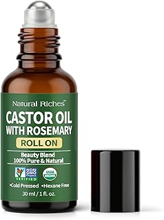 Natural Riches Organic Castor Oil with Rosemary Roll On for Hair Growth & Skin Care - Essential Oil Roller for Eyebrows, Eyelashes - Cold Pressed & Hexane Free Formula - 1 fl oz