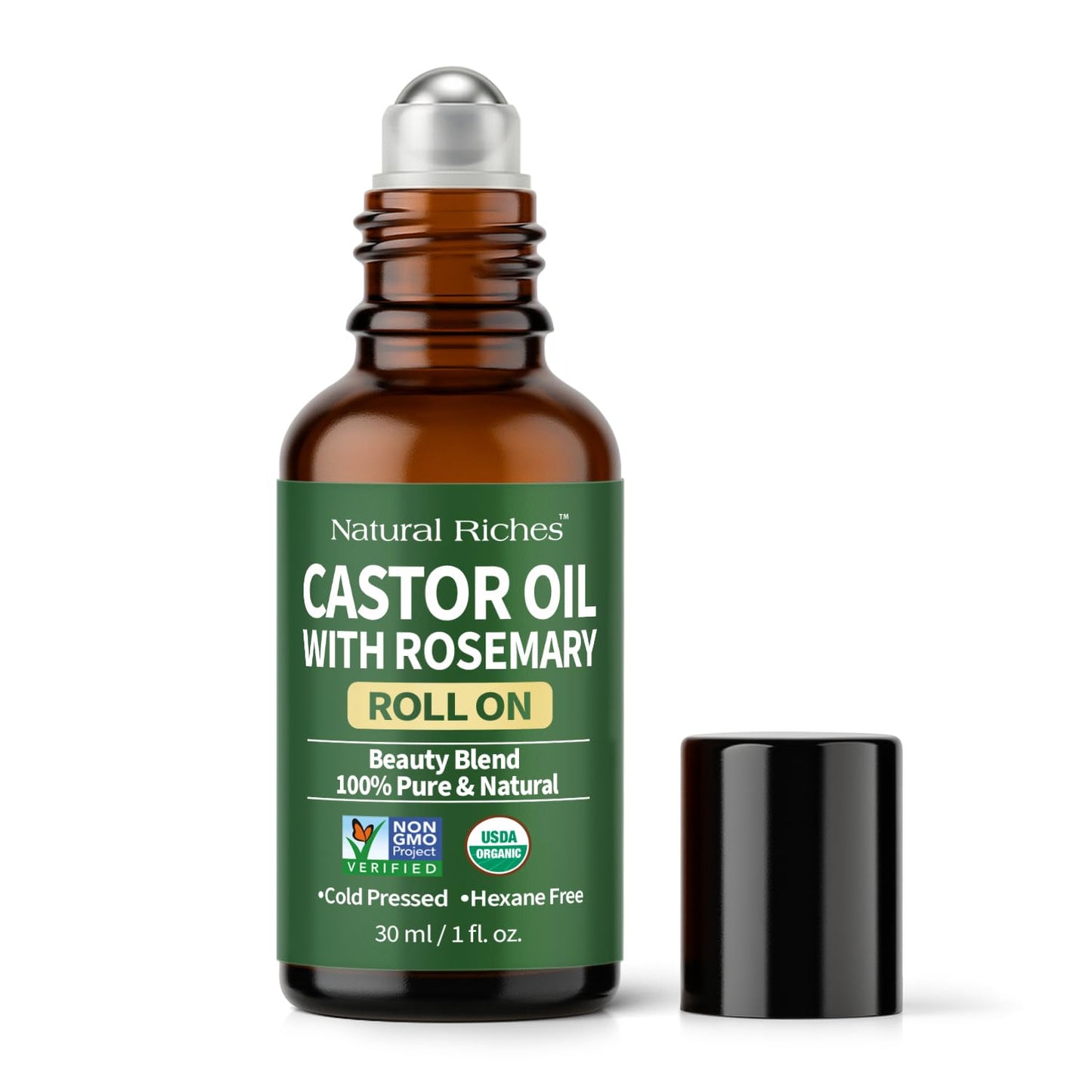 Natural Riches Organic Castor Oil with Rosemary Roll On for Hair Growth & Skin Care - Essential Oil Roller for Eyebrows, Eyelashes - Cold Pressed & Hexane Free Formula - 1 fl oz