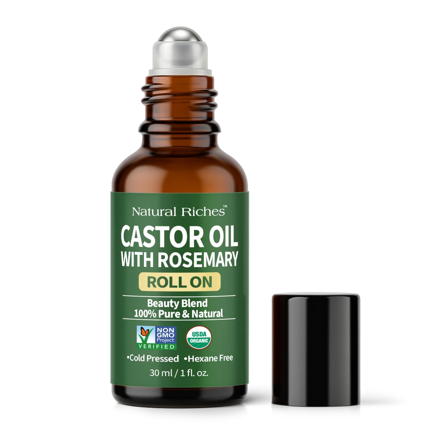 Natural Riches Organic Castor Oil with Rosemary Roll On for Hair Growth & Skin Care - Essential Oil Roller for Eyebrows, Eyelashes - Cold Pressed & Hexane Free Formula - 1 fl oz