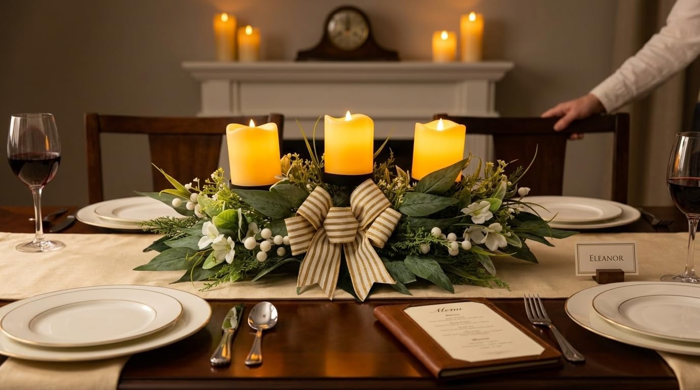 Svndlyn 26 Inch 3 Candle Holder Centerpiece with Greenery and Striped Bow | Faux Greenery, White Flowers, Berries and Eucalyptus Leaves for Table Mantel and Holiday Decor