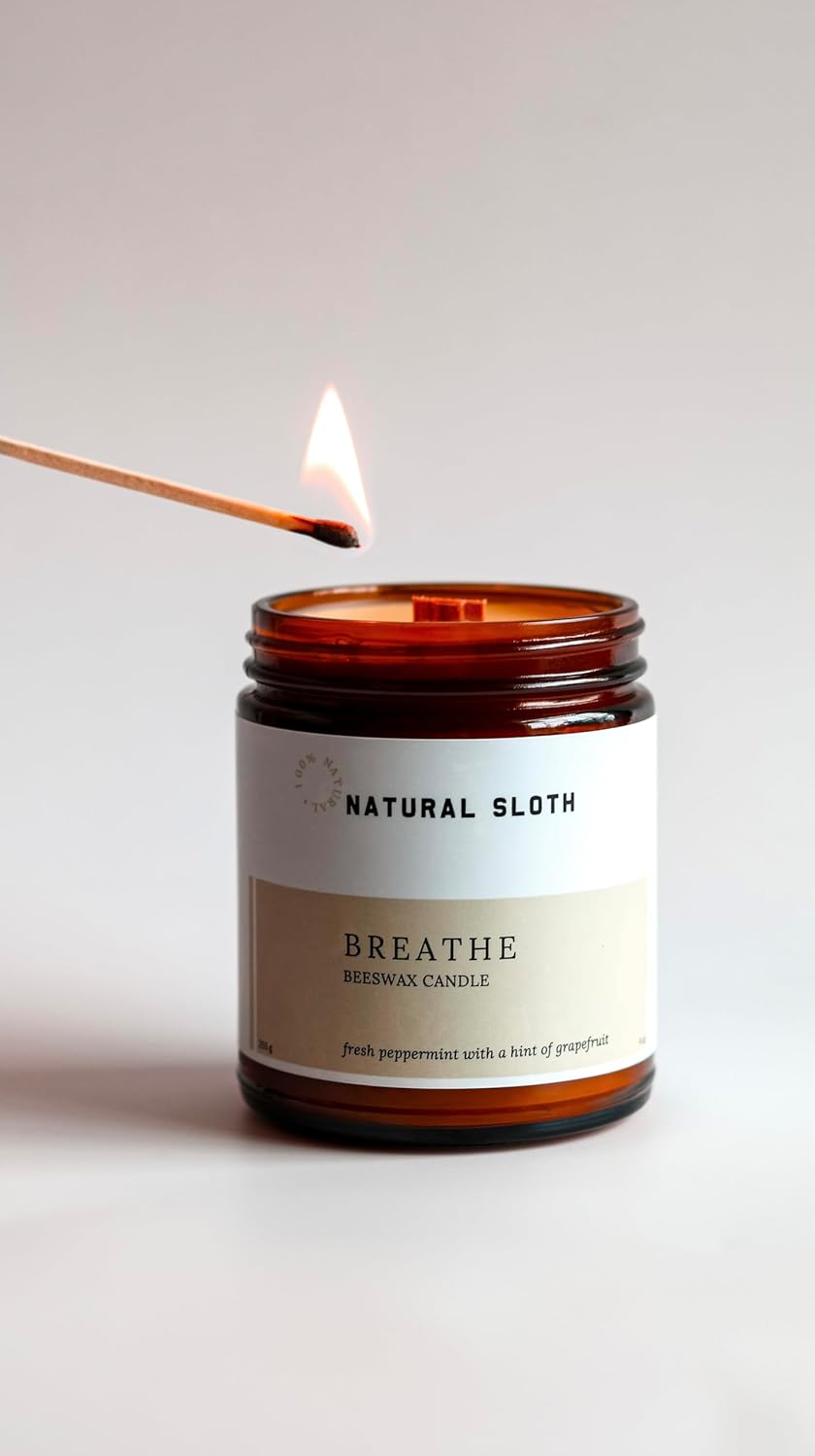 Breathe Natural Sloth 9 oz Beeswax Candle with Pure Essential Oils, Non-Toxic, Made Safe® Certified, Wooden Wick, Clean Burning (Breathe)