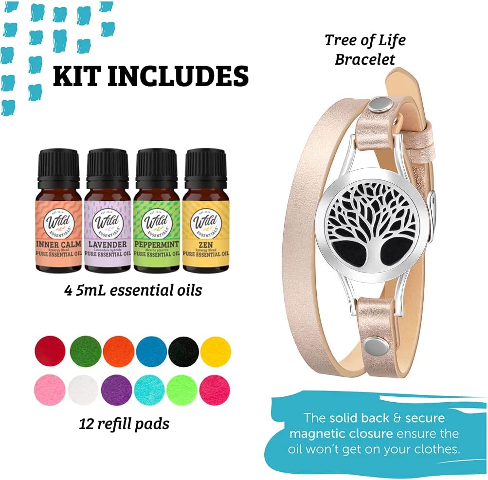 Wild Essentials Tree of Life Essential Oil Leather Wrap Bracelet Diffuser, Gift Set, Lavender, Lemongrass, Peppermint, Orange Oils, 12 Pads, Customizable Color Changing Perfume Jewelry, Aromatherapy