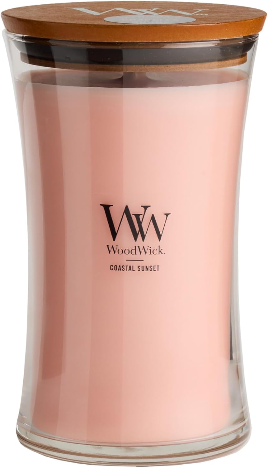 WoodWick Large Hourglass Candle Coastal Sunset Scent Crackles as it burns Premium Soy Blend Wax 21oz Perfect for gifting