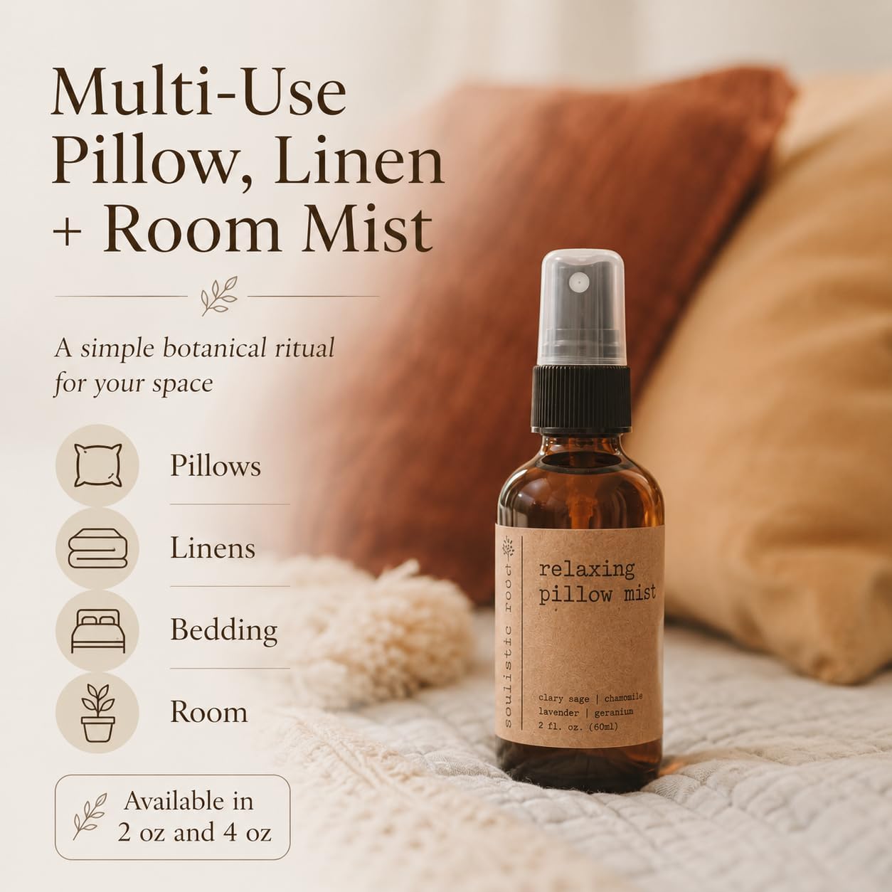 Soulistic Root Relaxing Pillow Mist | Lavender Chamomile Linen Room Spray for Pillows, Bedding and Linens, Botanical Home Fragrance in Glass Bottle (4 oz)