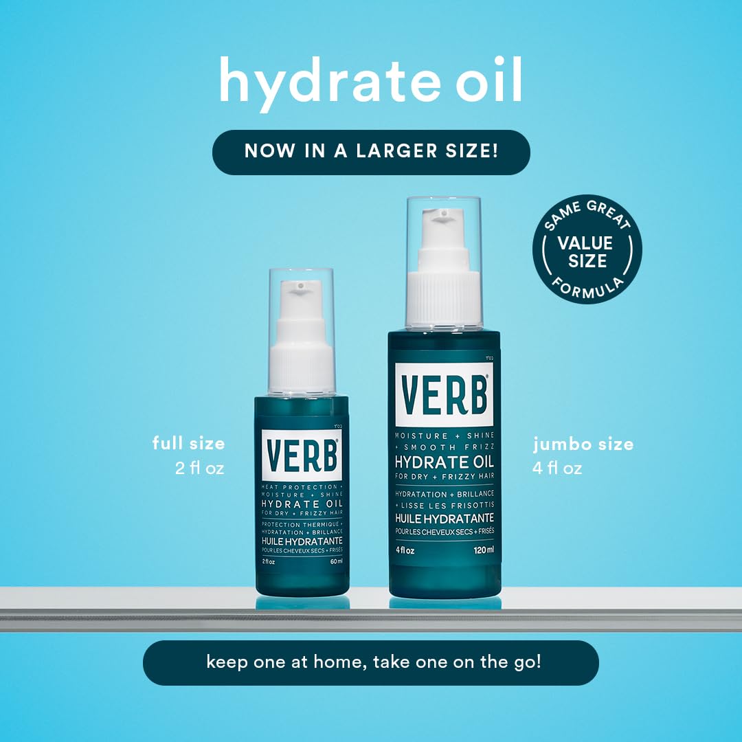 VERB Hydrate Oil - Add Moisture -Increases Shine - Smooth Frizz - Heat Protection for Dry + Frizzy Hair - Amber + Warm Jasmine Scent