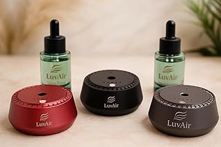 LuvAir Smart waterless car Aroma Diffuser Set, Adjustable Ultra Sonic-Mist Technology, Rechargeable, 100% Natural Fragrance, Aromatherapy Oil Scent Included (Black, Peach Lumiere)