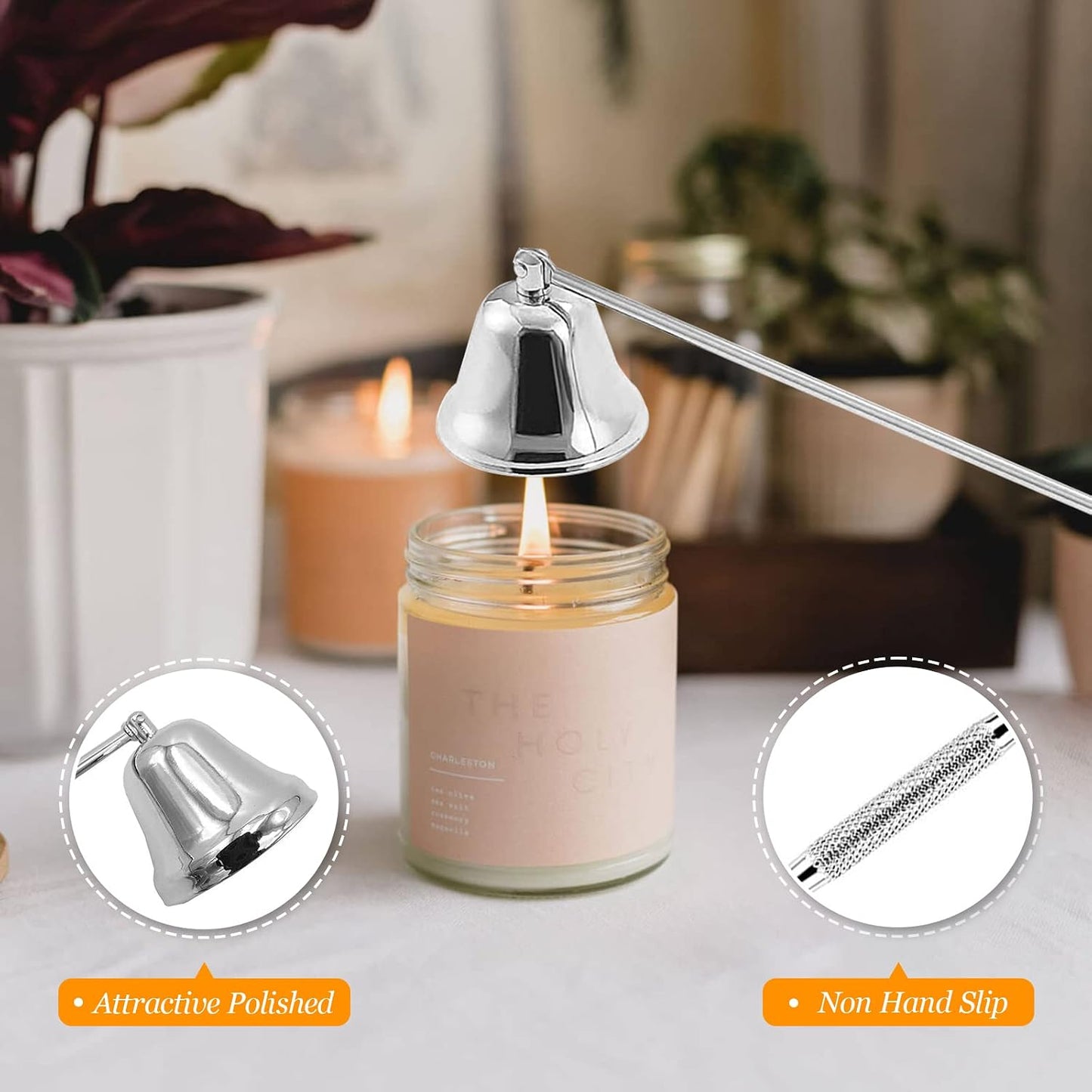 5Pcs Candle Accessory Set with Rechargeable Electric Lighter, Storage Tray, Wick Trimmer, Snuffer, Dipper - Stainless Steel Care Kit with Gift Package for Candle Lovers - Silver
