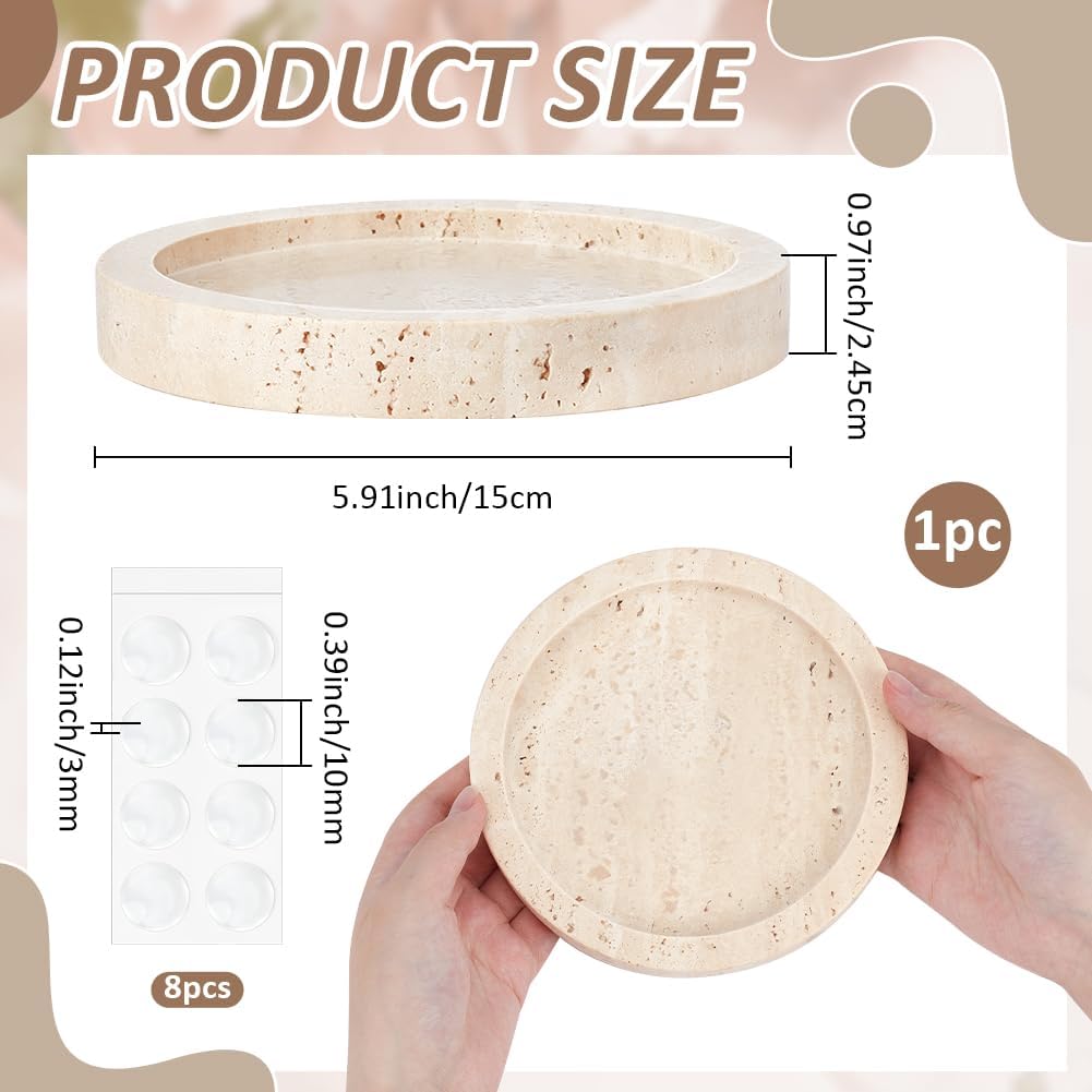 Natural Travertine Candlestick Holder 6'' Diameter Round Stone Jewelry Display Plate 1'' Thick Candle Tray with 8 Adhesive Silicone Bumper Minimalist Modern Plate Holder Home Decor
