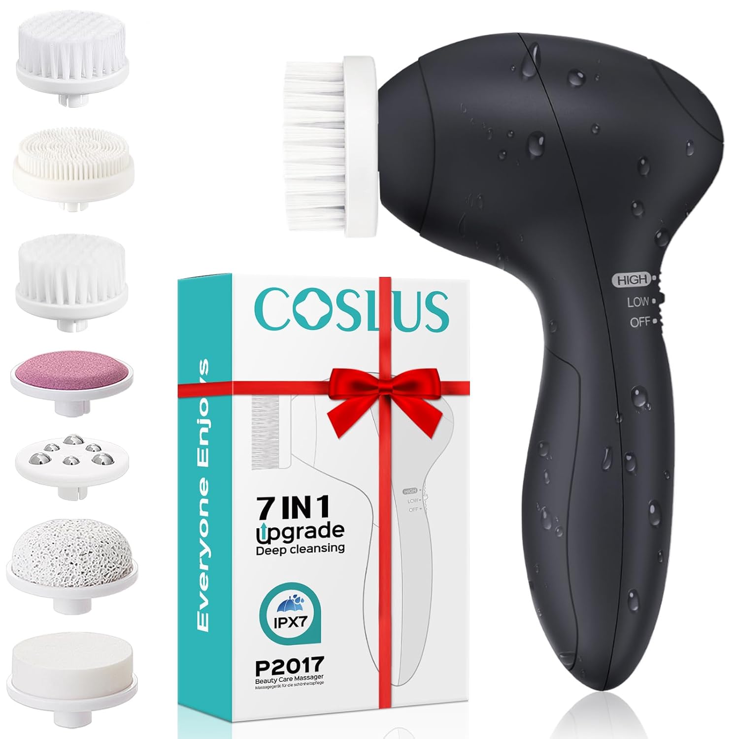 COSLUS Facial Cleansing Brush Silicone Face Scrubber: 7 in 1 FBS-D Electric Exfoliating Rotating Massage Device Waterproof Deep Cleaning Exfoliation Spa Machine - Electronic Skin Care Wash System