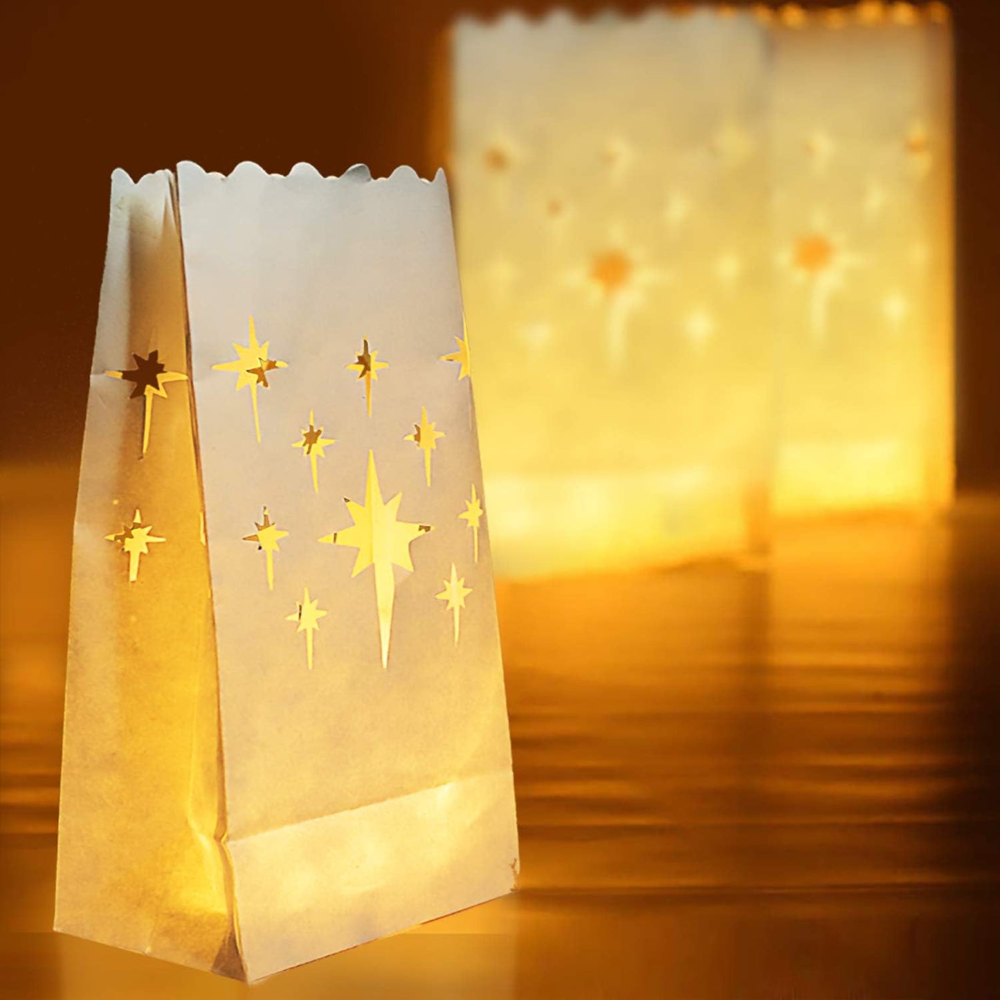 Homemory White Luminary Bags, Upgraded Moisture-Proof Candle Bags, Stars Design Luminaries for Wedding, Party, Halloween, Thanksgiving, Christmas (24)