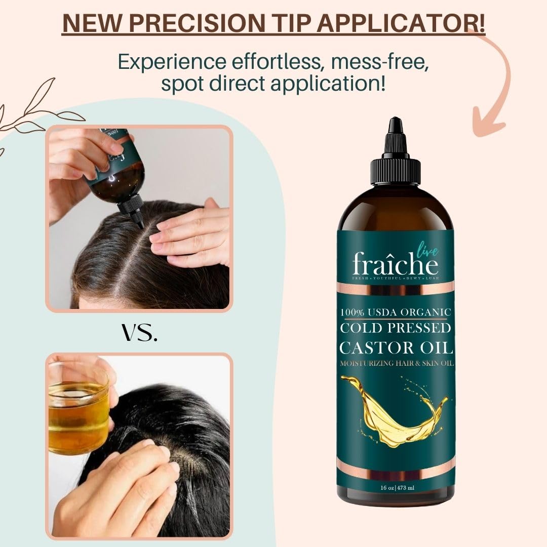 Organic Castor Oil (16oz) - Pure Castor Oil Organic Hexane Free Cold Pressed Unrefined Bottle - Natural Hair Growth Oil for Moisturizing & Healing Dry Skin - Castor Oil for Skin & Hair Treatment Oil