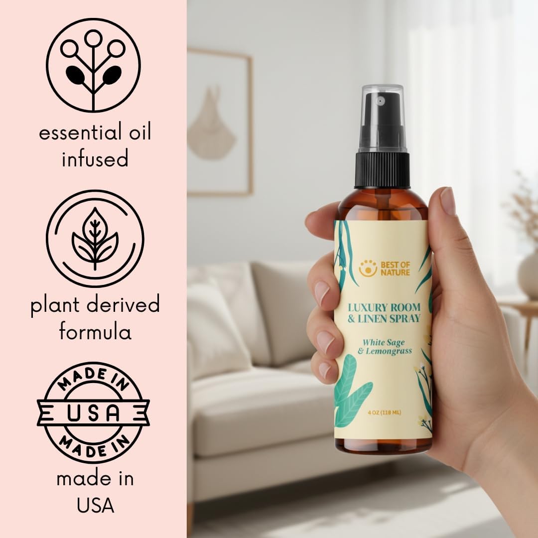 Best of Nature White Sage & Lemongrass Luxury Room & Linen Spray: 100% Natural Clearing Sage Spray for Freshening Rooms, Cleansing Energy, and Refreshing Linens - Pure Essential Oil Air Freshener
