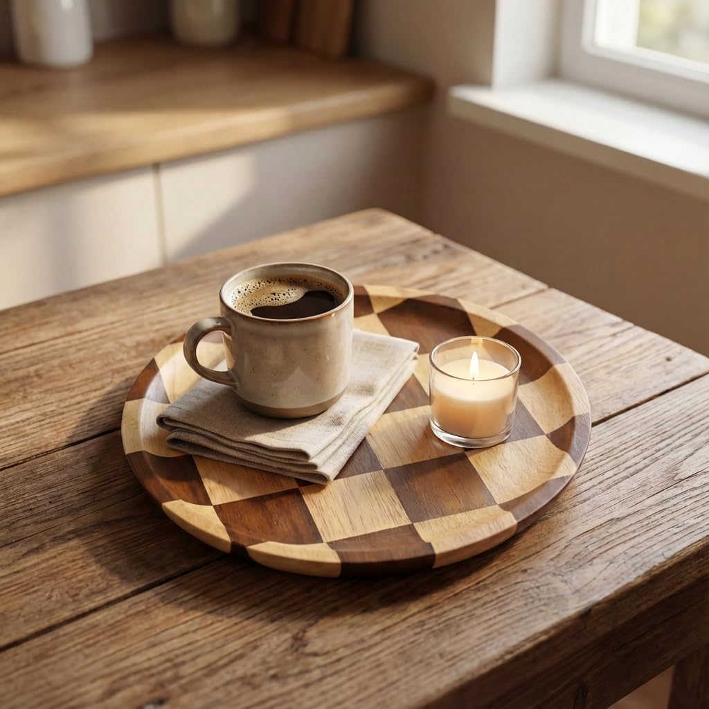 8 Inches Round Wooden Serving Trays Decorative Candle Plate Holder with Unique Checkered Design for Home Decor, Coffee Table, Dining Table, Kitchen Island