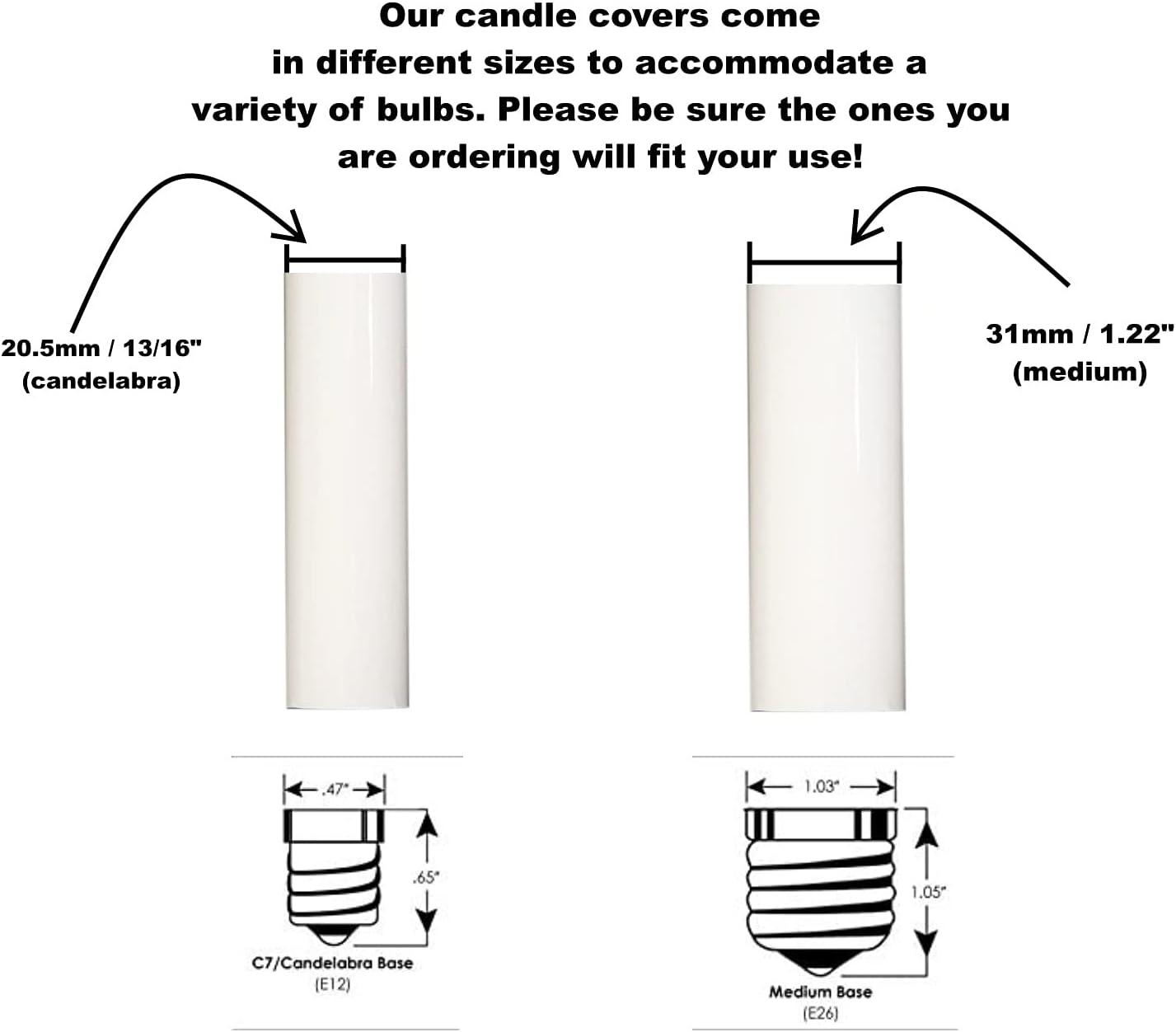 Creative Hobbies White Plastic Medium Base Chandelier Socket Candle Covers, 3 Inch Tall | 6 Pack