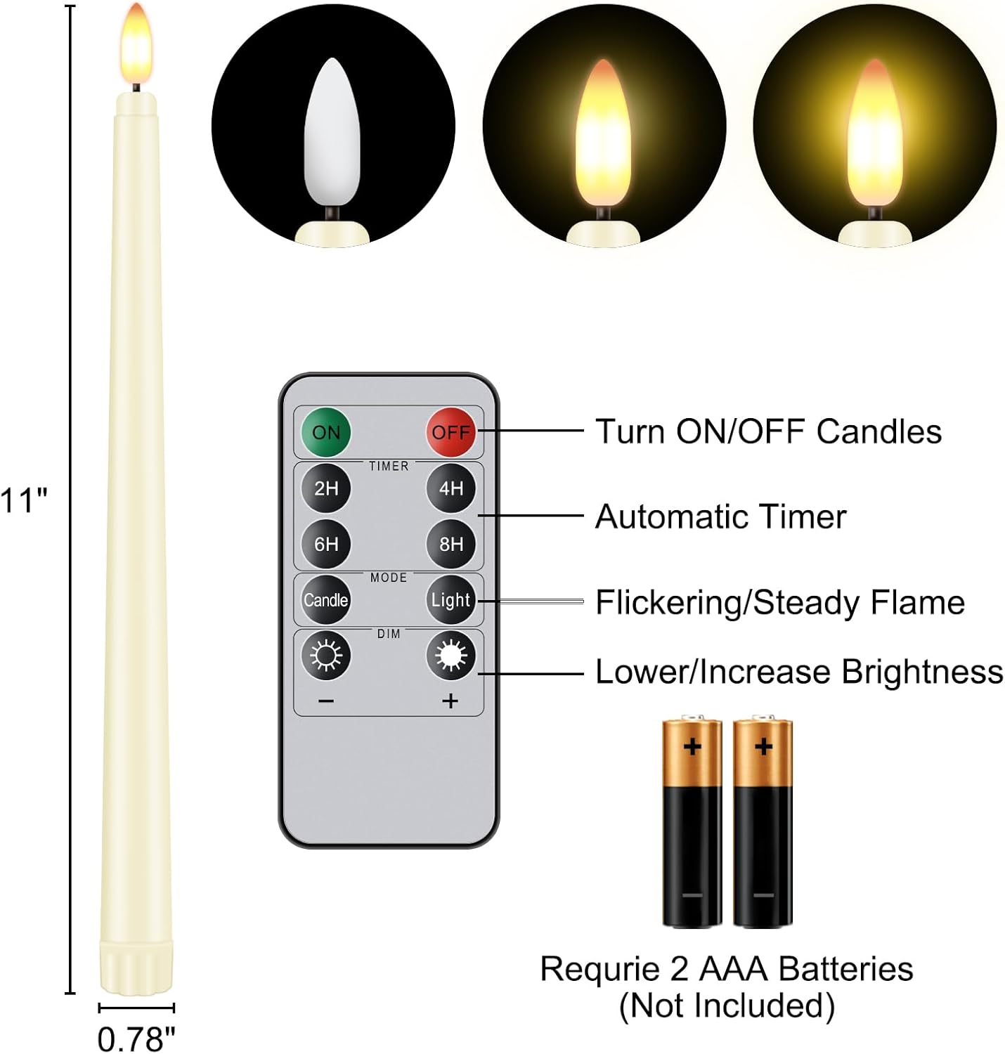 12 Pcs Flickering Flameless LED Taper Candles, 11" Long Fake Taper Candles Battery Operated with Remote Timer, Ivory Plastic Electric Candlesticks for Wedding Party Christmas Holiday
