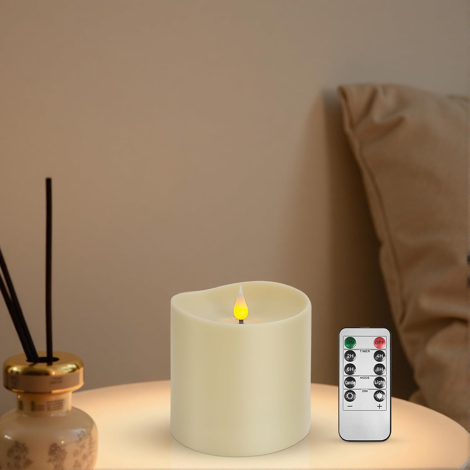 Flameless LED Candle with Remote, 4x4 Inch Battery Operated Plastic Pillar Candle, Realistic Flickering Flame, Timer & Brightness Control, Ivory – Safe for Kids & Pets, Great for Home & Holiday Decor