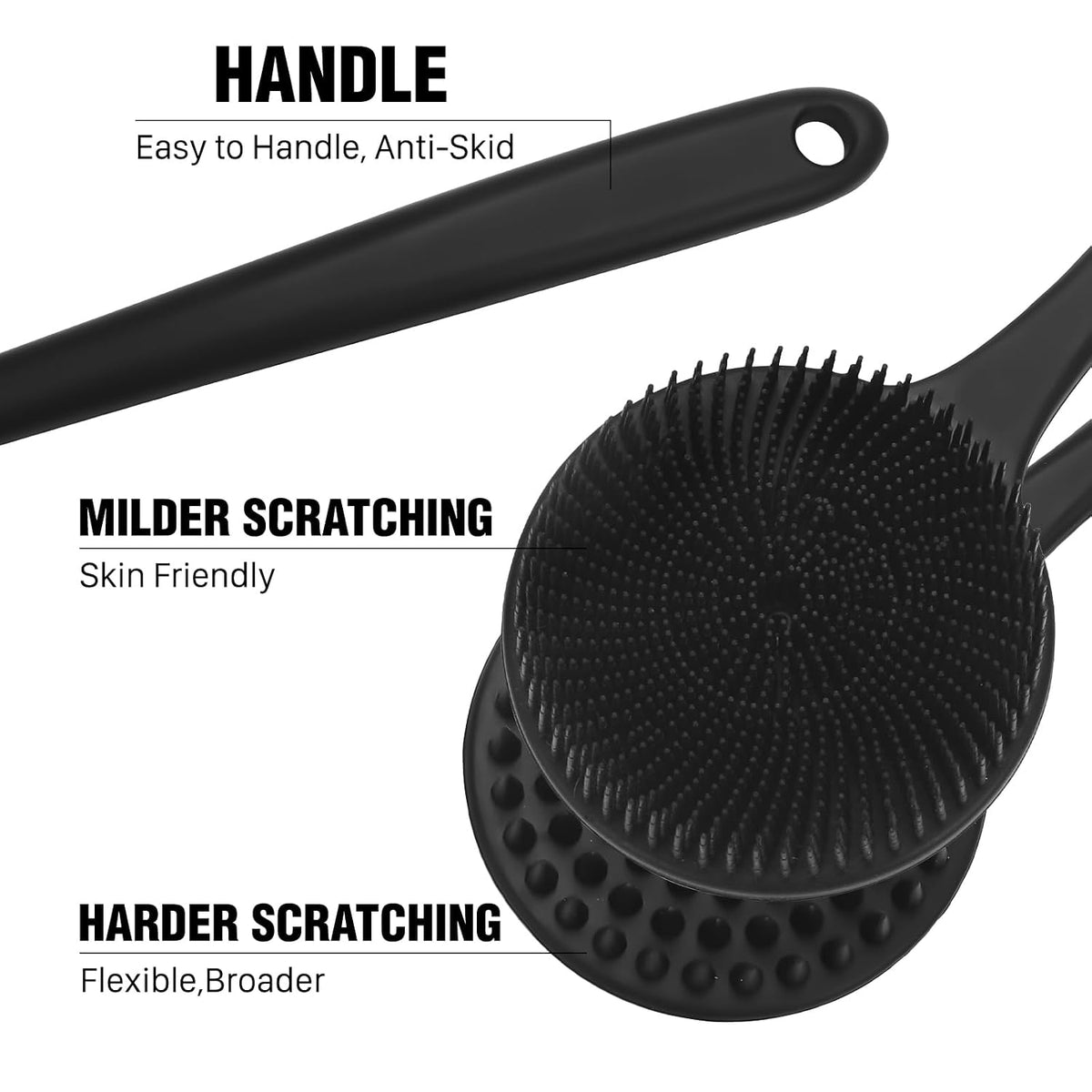 Silicone Body Scrubber for Shower Men Women – Dual-Sided Exfoliating &amp; Massage Shower Brush with Long Handle, Creates Rich Lather, Includes 1 Hook &amp; 2 Lather Balls (Black).